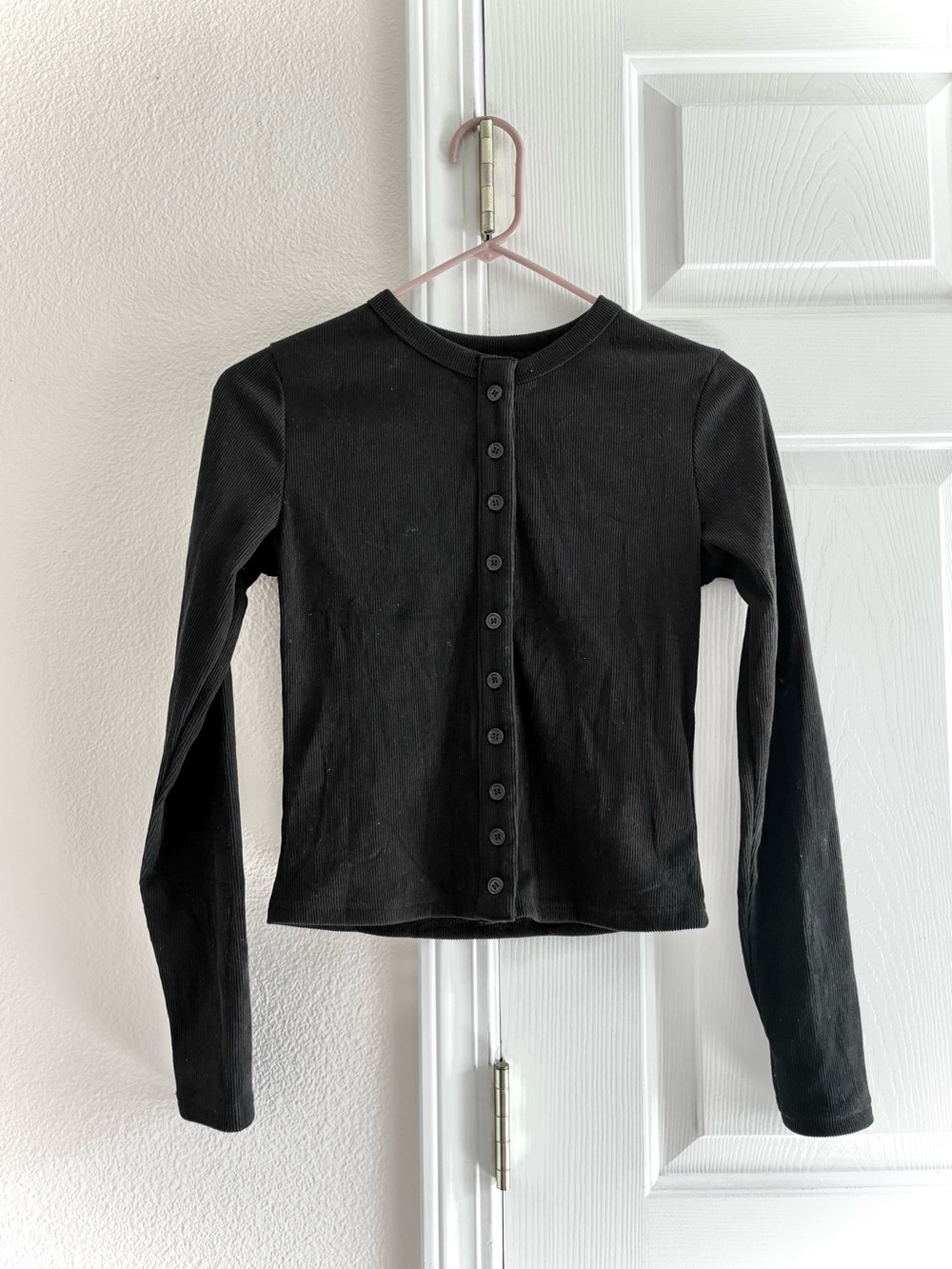 Womens Black Ribbed Long Sleeve Round Neck Button Shirt Top Size S